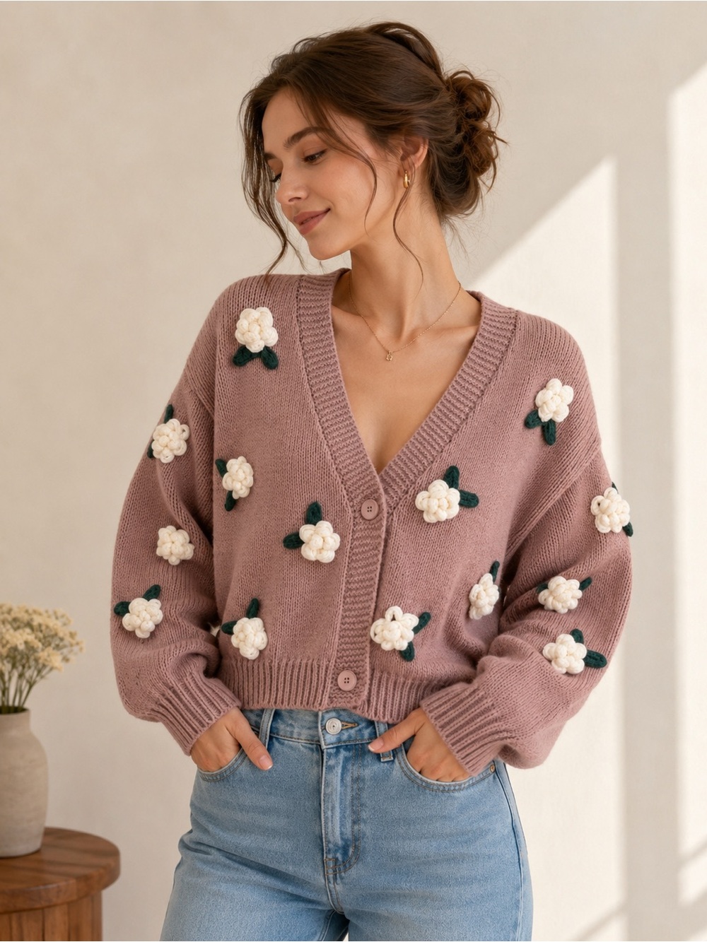 Luna Ivy Floral Appliqué Cardigan – Size L – Tan / Taupe
